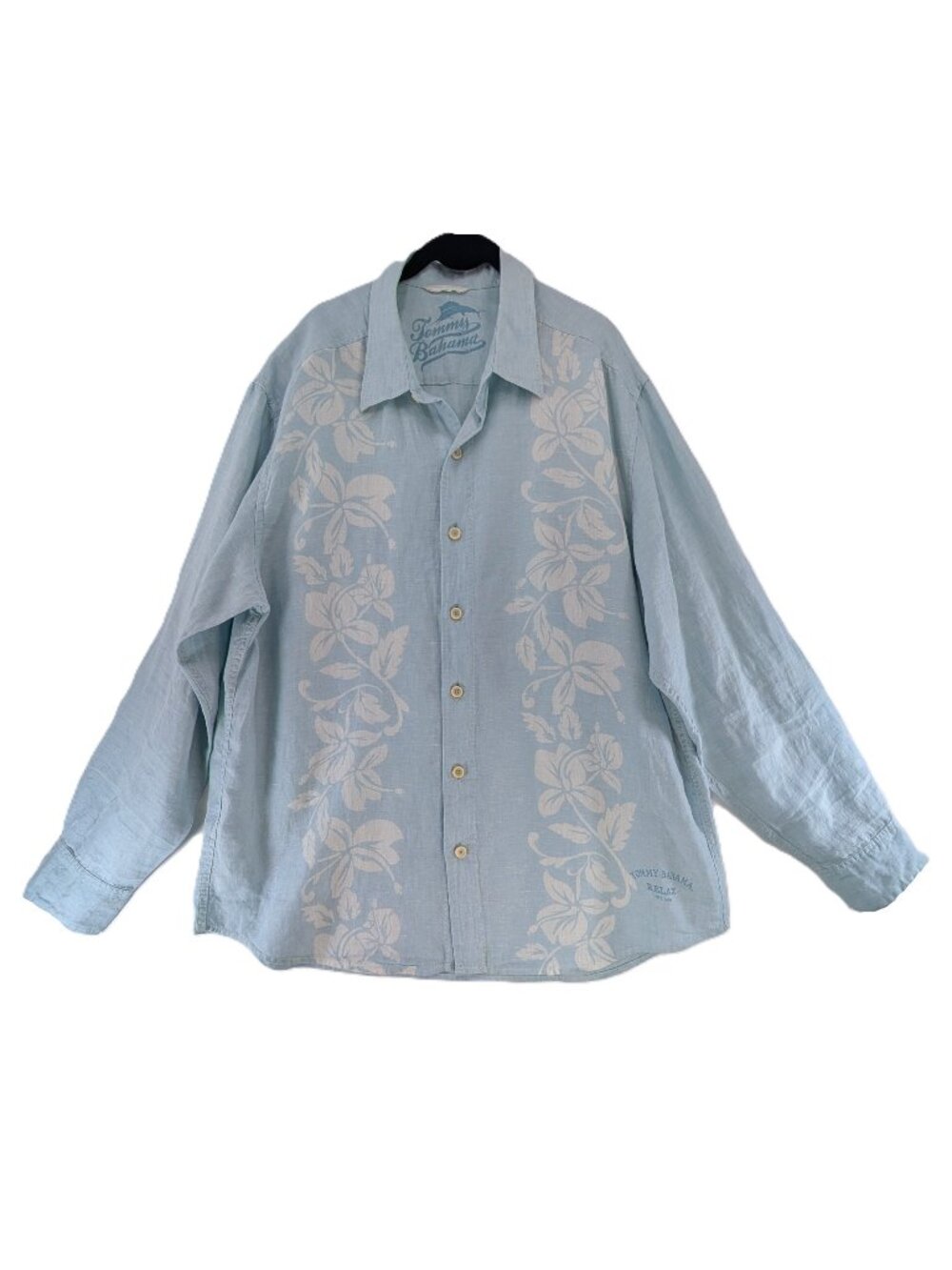 Tommy Bahama Relax Shirt Mens Size XL Blue Floral 100% Linen Pocket Long Sleeves